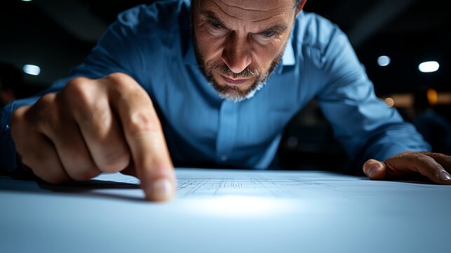 A focused man studying detailed documents on a table, highlighting his determination and analytical mindset in a professional environment. Ideal for business and teamwork themes.