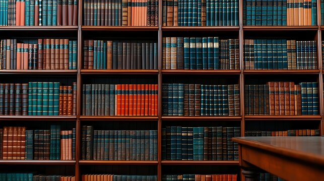 A stunning collection of vintage books arranged neatly on a wooden bookshelf, showcasing a rich tapestry of colors and textures