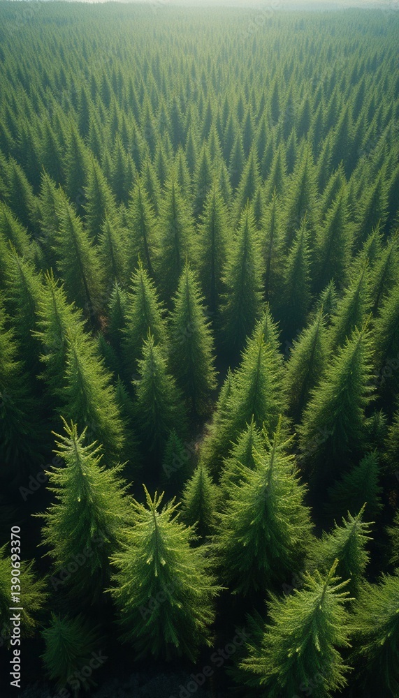 Poster aerial view of a dense and lush coniferous forest canopy on a sunny day.
