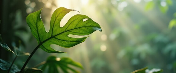 Obraz premium Lush Tropical Foliage: A Close-Up of a Monstera Leaf in Golden Sunlight