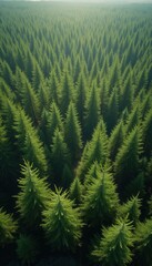 Fototapeta premium Aerial view of a dense and lush coniferous forest canopy on a sunny day.