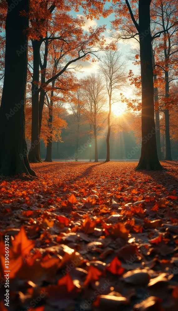 Poster autumnal sunlight gleams through a forest of trees with fallen leaves, creating a warm and vibrant s