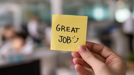 Yellow Sticky Note Great Job Message Handheld Positive Feedback Appreciation Encouragement Success Achievement Workplace Motivation Office Business Employee Teamwork Collaboration Professional        