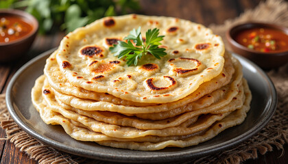  pile of stacked chapati on a plate, family dining table with minimalistic setup during lunchtime, overhead angle showing round shapes, bright midday sunlight, simple garnish with fresh herbs for adde