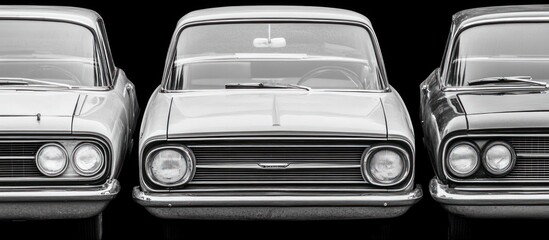 Three classic cars in a row, monochrome.