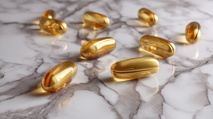 Shiny Golden Omega 3 Capsules on Marble Background Luxury Health Supplement Product Photo High Resolution Image Perfect for Wellness Websites Blogs and Social Media Posts Dietary Supplements          