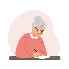Elderly woman writing with a pen at a desk against a light background  