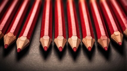 A close-up of several red and black pencils arranged in a diagonal line