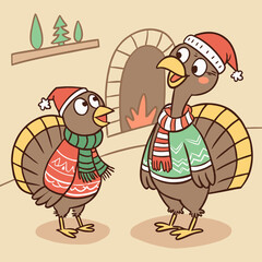 Turkeys wearing holiday sweaters and scarves