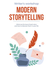 Vector illustration on the theme of writing, copywriting. Typewriter, inkwell, quill, letter, text on light background. Set of banners, flyers, posters