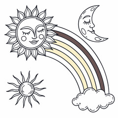 Fototapeta premium Line art rainbow with celestial sun and moon