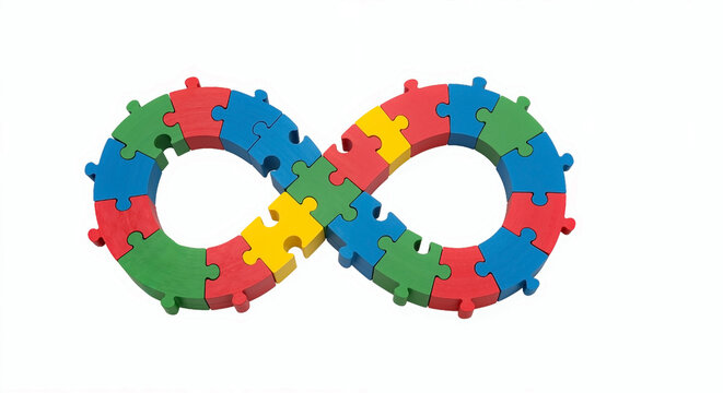Infinity symbol made from colorful puzzle pieces against white background. Neurodiversity. red, blue, green and yellow elements. Autism awareness, acceptance. Support service, healthcare initiatives.