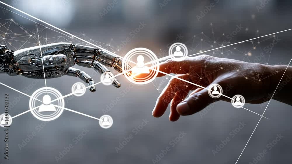 Poster connection between human and robot hands in a digital network generative ai