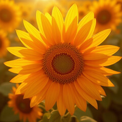 Fototapeta premium Close-up of a vibrant sunflower in a sunny field, radiating with golden petals.