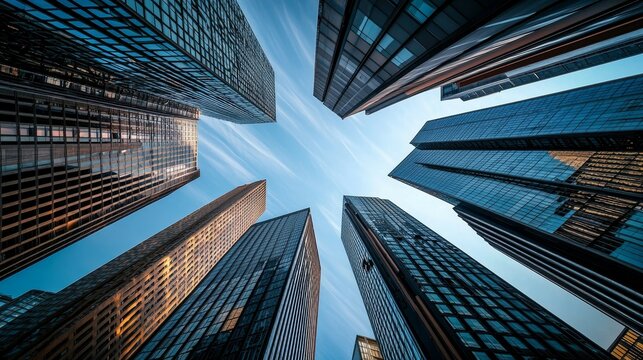 View of Towering High-Rise Office Buildings Against a Clear Blue Sky in Toronto's Financial District, Ontario, Canada - A Business and Finance Concept