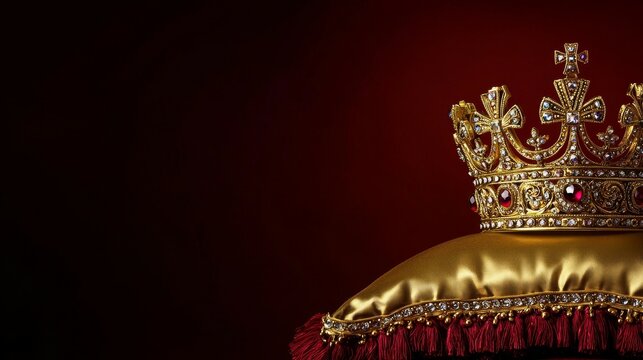 Regal Golden Crown Adorned with Jewels on Luxurious Golden Pillow Against Rich Red Background - Emblem of UK Monarchy with Generous Left-Side Copy Space