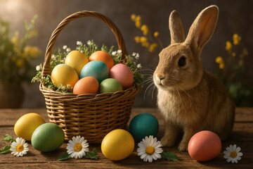 Happy Easter scene background with a cute brown bunny next to a wicker basket filled with colorful eggs and delicate white flowers, surrounded by daisies and more pastel eggs on rustic wooden table