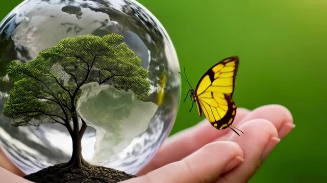 Glass globe in hands with a yellow butterfly flying around