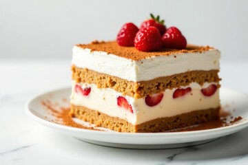 Layered tiramisu, dusted cocoa, white backdrop , closeup, savoiardi, creamy