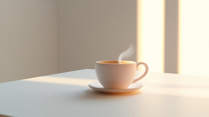 Fototapeta premium Coffee cup steaming on a white table in morning light