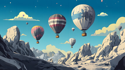 Obraz premium Colorful hot air balloons soaring over rugged mountain terrain under a clear blue sky.