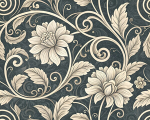 Elegant floral pattern with swirling vines and leaves on a dark textured background