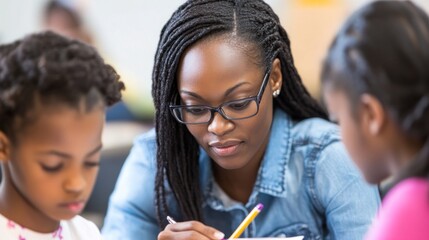 Teacher assisting two students with schoolwork.