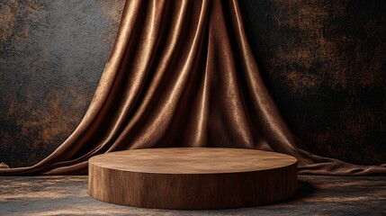Minimalist wooden podium artfully arranged with warm suede fabric background