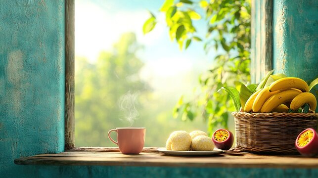   A sill with basketed fruits and a nearby cup of joe