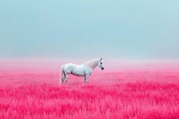   White horse in pink grass on foggy day, blue sky