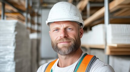 Construction worker in a warehouse