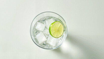  close-up of a gin and tonic glass with ice cubes and a slice of lime, minimalistic setting against a simple, light background, top-down view, natural daylight creating soft reflections in the liquid,