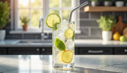refreshing gin and tonic served in a tall glass with a metal straw, contemporary kitchen setting with sleek countertops and morning light, frontal view highlighting the glass's transparency and clarit