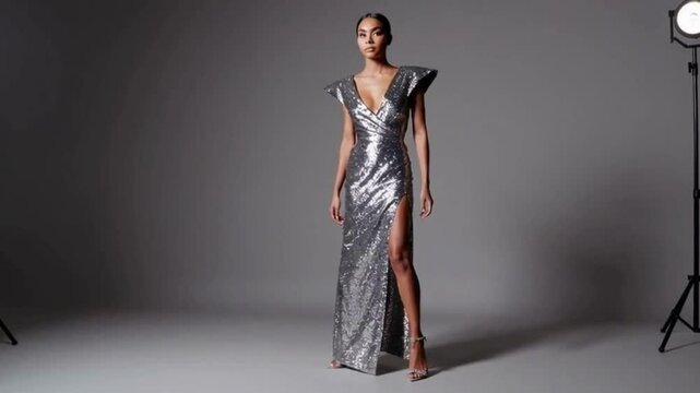 Fashion model in silver sequin gown on runway spotlight