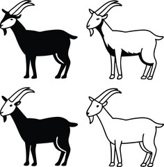 set of goat silhouettes, cute, drawing, design, hunting, icon, art