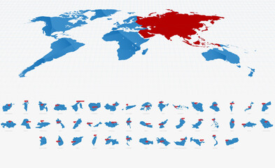Fototapeta premium Low Poly Blue Gradient Maps of Asia with Capital City Signs.