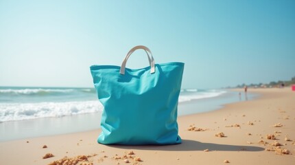 Wide shot of blue eco bag on sandy beach with waves, sunny and eco-friendly, great for travel stock images.