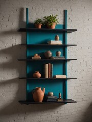 Teal blue shelving unit mounted on white brick wall, displaying collection of terracotta pots, green plants, wooden objects. Vibrant contrast between blue shelves.
