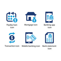 Payday loan, Mortgage, Banking app, Transaction, Mobile banking, Bank statement, Blue Icon Set