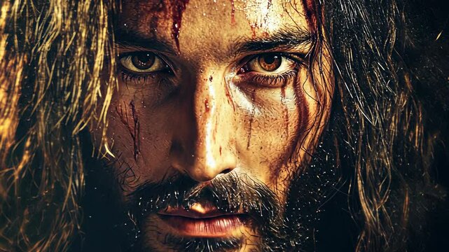 Intense close-up of a Jesus with dark hair and beard, showcasing emotion and strength in a dramatic setting