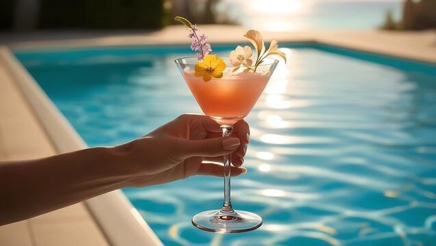 A decorated cocktail glass held by a hand poolside, featuring vibrant colors and floral garnishes against the backdrop of a clear blue swimming pool - Powered by Adobe
