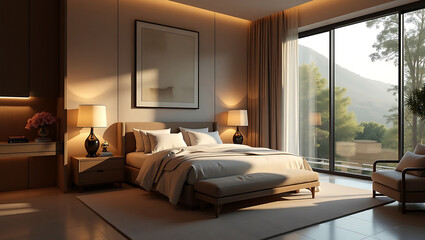minimalistic bedroom with neutral tones and rug. Scandinavian Bedroom Interior, Modern master bedroom interior with large windows offering city view
