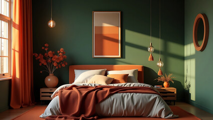 minimalistic bedroom with neutral tones and rug. Scandinavian Bedroom Interior, Modern master bedroom interior with large windows offering city view
