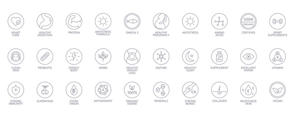 Food supplement line icon set. Natural vitamin, probiotic, protein, mineral sign for packaging. Healthy, organic, bio, vegan product label. Detox diet badges. Nutrition sign. Vector illustration