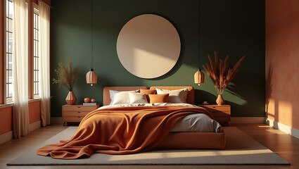 minimalistic bedroom with neutral tones and rug. Scandinavian Bedroom Interior, Modern master bedroom interior with large windows offering city view