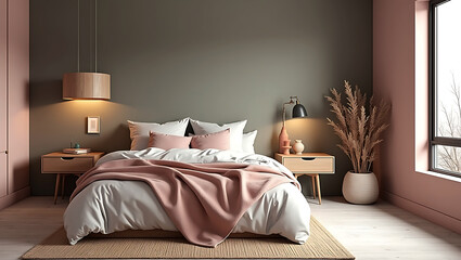 minimalistic bedroom with neutral tones and rug. Scandinavian Bedroom Interior, Modern master bedroom interior with large windows offering city view
