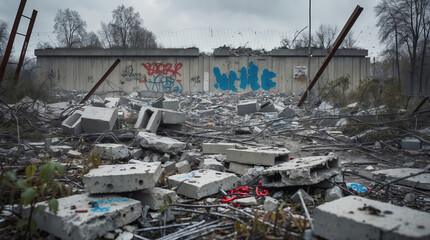 Desolate urban landscape showing debris and graffiti at a construction site in overcast weather