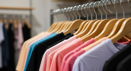 Colorful t-shirts on hangers