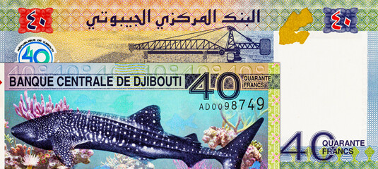 40 Djibouti francs with the image of the port. Commemorative banknote of 40 years of independence of Djibouti. Djibouti money.