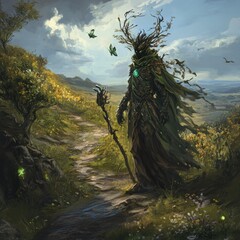 Nature spirit stands on a path in a blooming meadow with butterflies, under cloudy skies